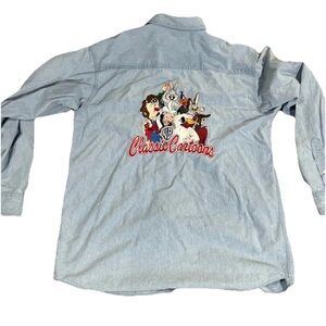 Looney Tunes Warner Bros Studio Embroidered Denim Long Sleeve Shirt Size M